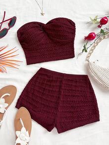 Soleia 女士纯色简约日常穿搭抹胸短裤两件套 - 酒紅色 - 查看 4