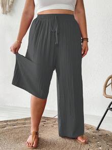 SHEIN CURVE+ 大码女式夏季休闲沙滩裤，时尚商务通勤优雅阔腿裤，带口袋，夏季裤装，适合夏季/乡村/海滩度假/沙滩/沙滩装 - 深灰色 - 查看 5