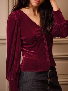 lacRébo Fitted Burgundy Velvet Blouse With Puff Sleeves And Front Button Detail Spring Women Clothes Spring Summer Office Outfits  New Year Dress - Burgundy - View 3