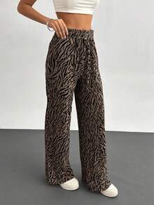 EURMUSE Women's Drawstring Waist Pockets Zebra Print Wide Leg Loose Casual Pants - Brown - View 5