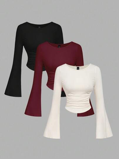 SHEIN MOD 3pcs Women's Solid Color Bell Sleeve Ruched T-Shirts,Going Out Tops,Holiday,Long Sleeve Crop Tops,Fall & Winter,Back To School,Country Concert,Halloween
