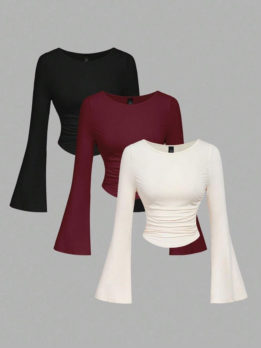 SHEIN MOD 3件套女士纯色喇叭袖褶皱T恤，外出上衣，假日长袖露脐上衣，秋冬季，返校季，乡村音乐会，万圣节 - 彩色 - 查看 1