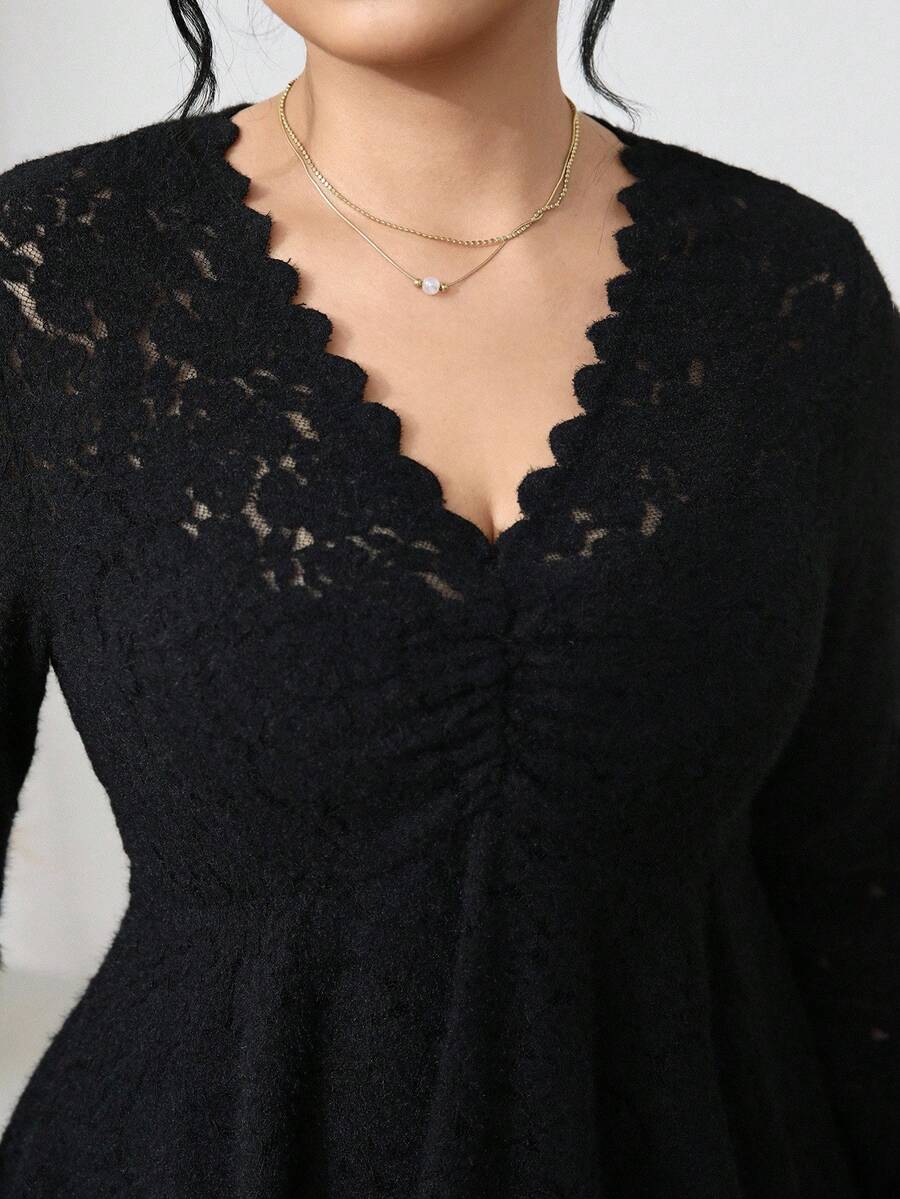 Modelyn Áo cánh tay dài cổ bèo nhún màu trơn cỡ lớn cho nữ - màu đen - Xem 1