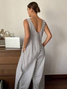 Livesso Striped Sleeveless Loose Comfy Jumpsuit Loungewear Pajama - Black and White - View 2