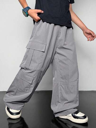 Tween Boy Oversized Cargo Pocket Loose Fit Utility Jacket, Suitable For Commuting, School, Casual, Travel, Sports,Winter Set,Winter Clothing,Fall Outfits,Fall Clothing,All Clothes For Kids, Parachute Pants, Teen Cargo Pants, Teen Boy Pants Baggy, Baggy Cargo Pants, Loose Pants