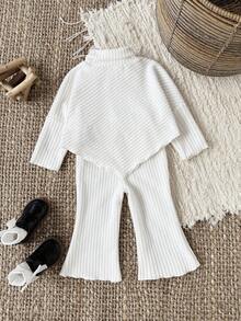 SHEIN Baby Girl Infant Toddler Newborn 0-3 Years Casual Daily Versatile Fashion Outerwear High Collar Drop Shoulder Ribbed Knit Long Sleeve Top + Flared Pants Set, Infant Autumn/Winter Clothing, Khaki Fall - White - View 2