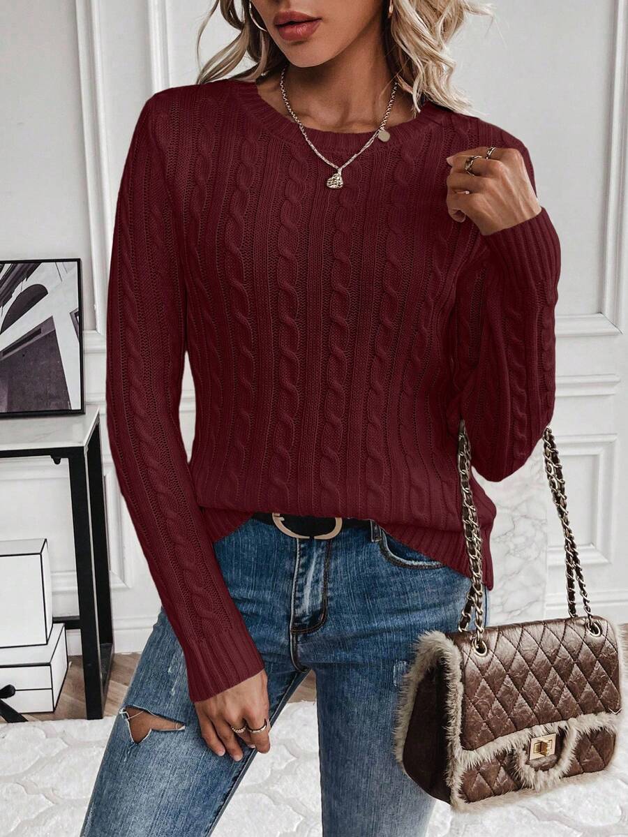EMERY ROSE Women's Casual Twist Cable Pattern Crew Neck Long Sleeve Sweater, Autumn, Christmas