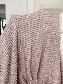 SHEIN Autumn And Winter Maternity Solid Color Ruched Ribbed Oblique Shoulder Long Sleeve Fitted T-Shirt - Dusty Pink - View 7