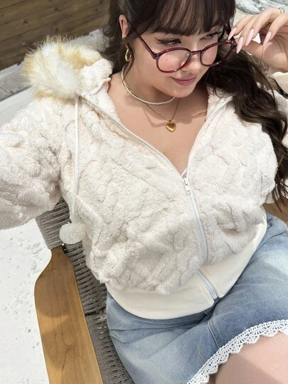 CovetEZ 大码女式休闲日常通勤拉链撞色人造毛皮绒球抽绳连帽蓬松夹克，秋冬