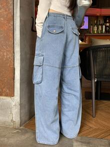 DAZY Women's Casual Loose Cargo Denim Jeans - Baby Blue - View 2