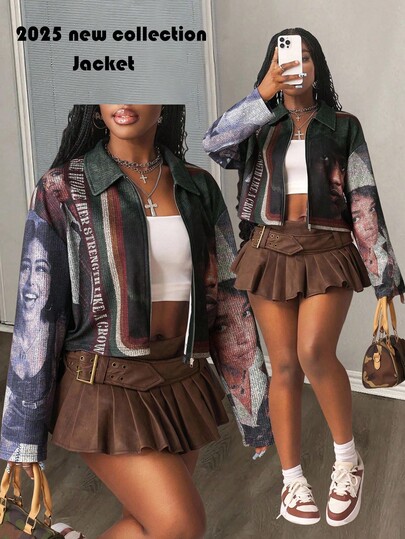 Slaydiva Chaqueta de talla grande con estampado gráfico retro