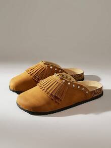 Solecia Zapatos planos cómodos con puntera redonda, borlas y pedrería completa, con doble hebilla para mujer, versátiles para uso diario, fiesta y commute - Camel - Ver 2