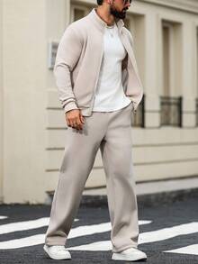 Manfinity Homme Men's Casual Solid Color Jacket And Pants Set, Fall Clothes, Cozy Outfits - Apricot - View 5