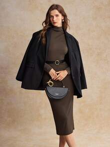 House of One Vestido de punto midi de cuello drapeado, de rayas sólidas, elegante y casual para mujer en otoño