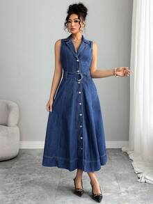 Elenzga Women's Denim Dress With Button Waistband And Slant Pockets - Dark Wash - View 4
