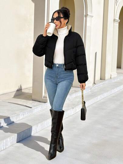 SHEIN PETITE Women's Zipper Long Sleeve Fashionable Popular Winter Insulated Padded Coat, Dress Casual ,Business Casual Outfits Women,Fall Clothes For Women,Going Out Tops