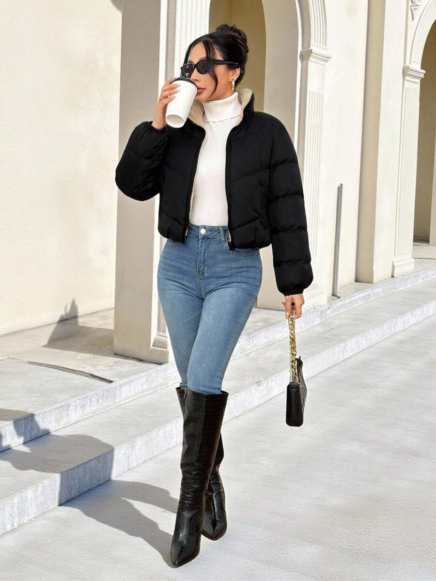 SHEIN PETITE Women's Zipper Long Sleeve Fashionable Popular Winter Insulated Padded Coat, Dress Casual ,Business Casual Outfits Women,Fall Clothes For Women,Going Out Tops