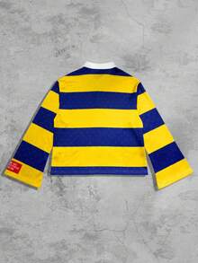 ROMWE MEN Prep Áo thun nam cổ polo sọc dài tay in họa tiết, phong cách thường ngày của sinh viên, dành cho mùa thu - Nhiều màu - Xem 2