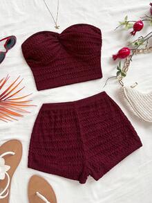 Soleia 女士纯色简约日常穿搭抹胸短裤两件套 - 酒紅色 - 查看 5