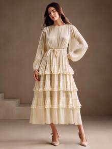 Anewsta Váy bánh dài tay thanh lịch và lãng mạn, Thu/Đông - Màu be - Xem 5