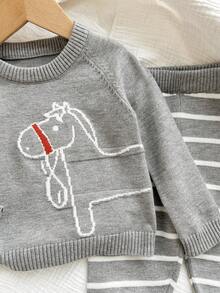 SHEIN 2pcs Baby Boy/Girl Cute Cartoon Animal Intarsia Knit Soft Round Neck Long Sleeve Pullover Top And Pants Set, Black, Autumn/Winter Fall