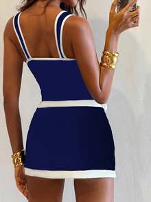 Costavie Bộ đồ bơi liền thân hở lưng màu trơn viền tương phản thời trang đi biển 2 mảnh dây mảnh + váy cho nữ - Màu xanh lam - Xem 2