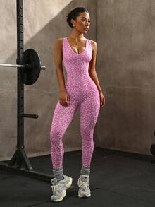 Slayform 1pc Women's Leopard Print Yoga Workout Jumpsuit Backless Workout Jumpsuit Pink Activewear Jumpsuit Seamless Workout Jumpsuit Pink Gym Jumpsuit Pink Leopard Workout Jumpsuit Workout Sets Pink Pink Yoga Set Gym Clothes Women Set Backless Pink Activewear Set Backless Gym Jumpsuit Women Pink Seamless Workout Jumpsuit Pink Leopard Print Jumpsuit - Hot Pink - View 2