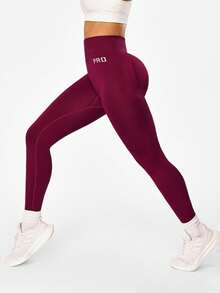 SHEIN Sports 无缝高弹力瑜伽健身跑步紧身裤 - 酒紅色 - 查看 4