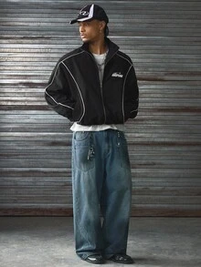 AXEPEAK 男士梭织休闲宽松长袖夹克，秋冬 - 黑色 - 查看 7