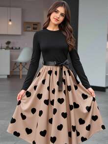 SHEIN 少女纯色拼接心形印花腰带优雅长袖连衣裙 - 棕色 - 查看 5