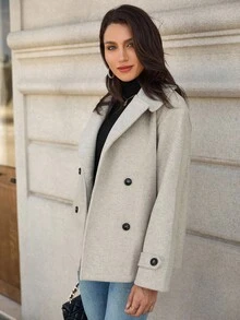 EMERY ROSE 女式雙排釦領口休閒羊毛外套 - 灰色 - 查看 3