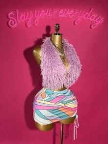 Slaydiva 2025 Summer New Arrival Halter Fuzzy Crop Top & Colorblock Striped Print Asymmetric Hem Skirt 2 Pieces Set, Suitable For Birthday Party, Banquet, Campus Style, Daily Wear, Cruise Travel, Fashionable, Elegant, Commuting, Business Casual - Multicolor - View 4