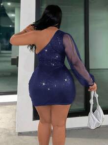 Slaydiva Slayr Plus Elegant Party Sequin & Mesh Patchwork Bodycon One-Shoulder Plus Size Mini Dress - Navy Blue - View 2
