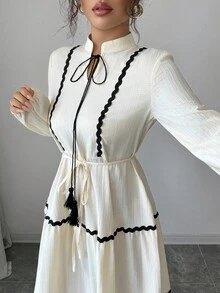 Rafferiza 女式优雅波浪纹拼布流苏领带 V 领灯笼袖喇叭裙 - 杏色 - 查看 4