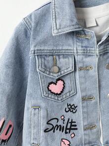 SHEIN Playful Pals Young Girls Denim Jackets & Coats, Y2K Style, Fashionable Street Casual, Light Blue Washed Floral & Letter Print, Fitted Silhouette, Daily Wear & School, Casual Denim Jacket For Little Girls Fall Winter