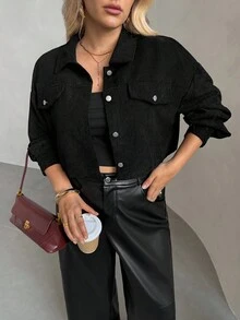 SHEIN Essnce 大碼落肩袖翻蓋細節短款牛仔夾克 - 黑色 - 查看 3