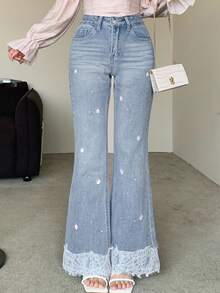 Joudiya Quần Jeans Ống Loe Ôm Dáng Quyến Rũ Cho Nữ, Quần Thường Ngày Có Viền Ren Rỗng, Họa Tiết Hoa Thêu Chắp Vá - Rửa nhẹ - Xem 2