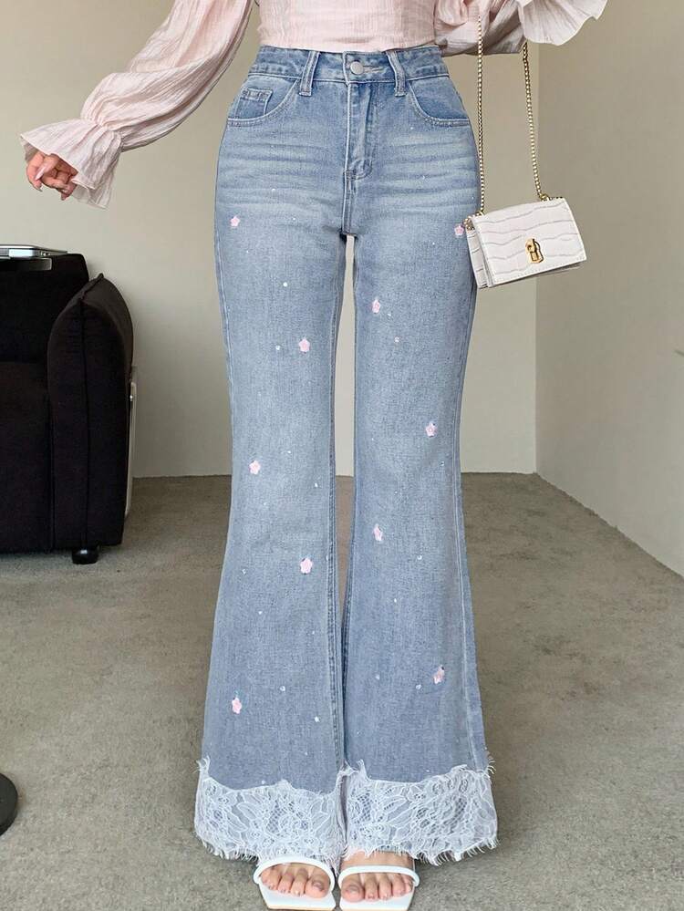 Women's Slim Fit Sexy Flare Jeans, Casual Pants With Hollow Lace Trim, Embroidered Floral Print Patchwork