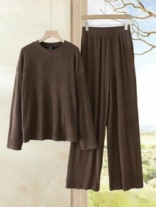 Rusticease 2pcs Women Solid Color Round Neck Drop Shoulder Long Sleeve Casual Knitted Textured Set Brownbrown  Women's Winter Sweater Fall Women Clothes  Fall Clothes For Women  Autumn Clothes   Winter Set , Casual Women Outfits Brown Set Women Two Piece Lounge Set Comfortable Two Piece Set Long Sleeve Sets Two Piece Set Women Comfy Brown  Elegant Women's Set - Brown - View 1