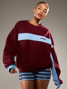 MISSGUIDED Áo nỉ khối màu cỡ lớn có họa tiết sọc ngang và logo cho trang phục thường ngày mùa đông Giáng sinh - Màu Đỏ Sâu - Xem 5