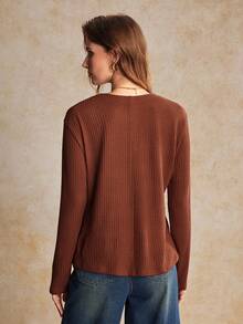 House of One Blusa de mujer de punto acanalado de cuello en V de manga larga, uso casual de otoño