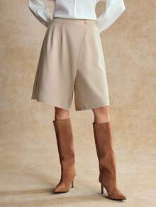 House of One Wrapped Loose Fit High-Waist Slant Pockets Solid Woven Women Mid Shorts Autumn Casual Wear