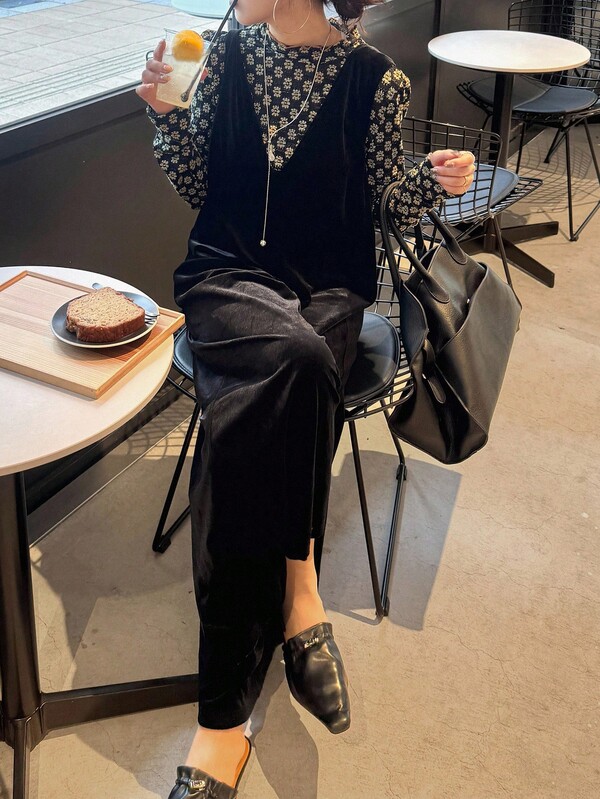 FRIFUL Women's Velvet Loose Wide Leg Palazzo Pants, Casual City Style Jumpsuit, Autumn