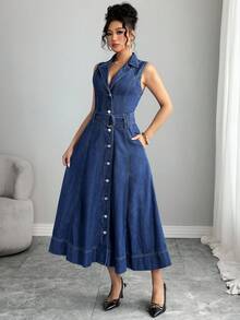 Elenzga Women's Denim Dress With Button Waistband And Slant Pockets - Dark Wash - View 5