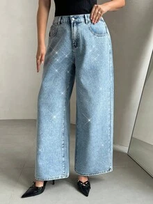 SHEIN Privé 加大码水洗钻石装饰宽松牛仔裤母亲节夏季飘逸长裤 Y2k 街头潮流俱乐部毕业典礼机场老钱风格 - 淺色水洗藍 - 查看 3