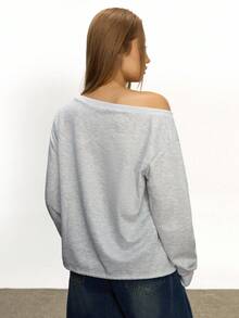 INAWLY 2025 Women's Fashion Pattern Oblique Shoulder Sweatshirt Jacket - Light Grey - View 2