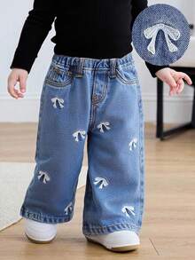 SHEIN Baby Girl White Bow Embroidered Pattern Blue Denim Loose Jeans, Winter And Autumn Fashionable Vacation - Light Wash - View 1