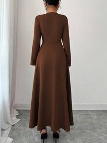 Elenzga Gaun Midi Wanita Elegan Warna Cokelat Kopi, Leher Bulat, Resleting Depan, Desain Mewah, Pas di Pinggang, Lengan Panjang Mengembang, Cocok untuk Bepergian di Musim Gugur - Kopi - View 2