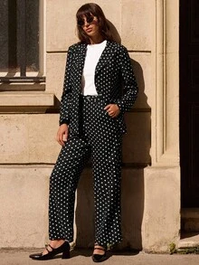 lacRébo 黑色波点翻盖口袋西装外套套装，春季/夏季外出时尚西装外套，奢华高级商务休闲法式巴黎风情 - 黑與白 - 查看 1