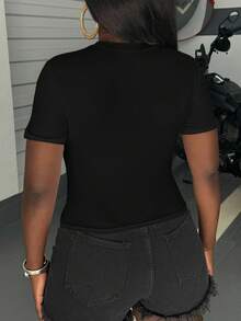 SHEIN Áo thun ngắn tay in chữ mùa hè thoải mái - màu đen - Xem 2